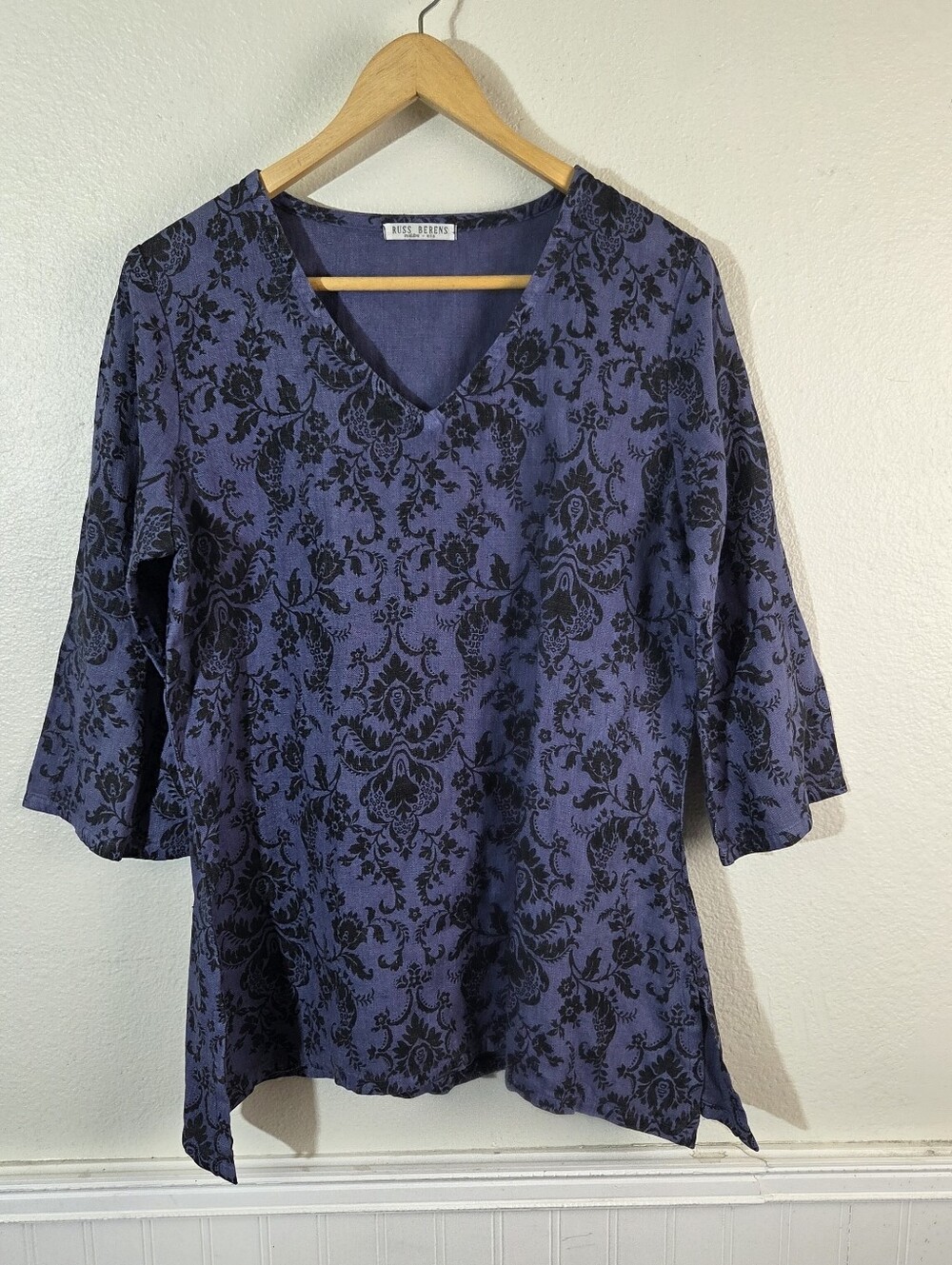 Vintage Russ Berens Malibu Blouse Womens L Blue Damask Floral V Neck 3/4 Sleeve